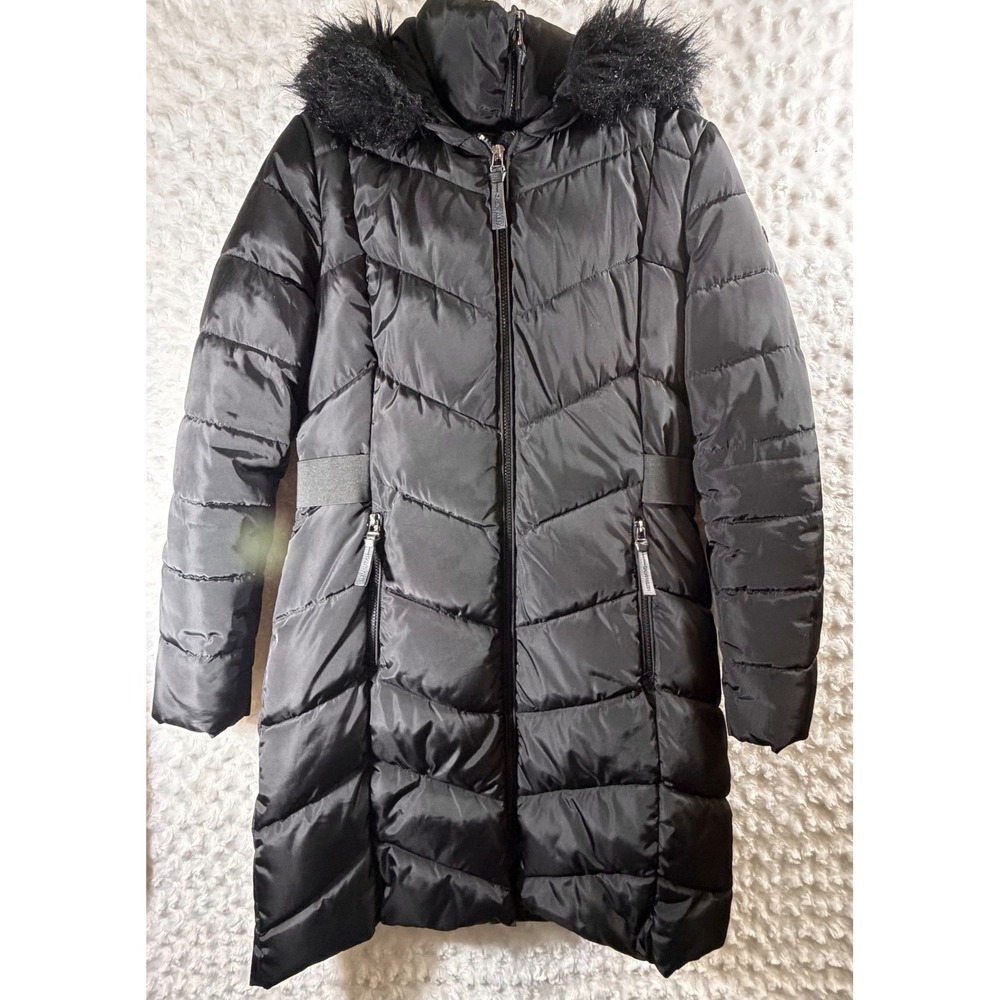 Calvin Klein Womens Medium Black Chevron Puffer Coat Faux Fur Hood Trim